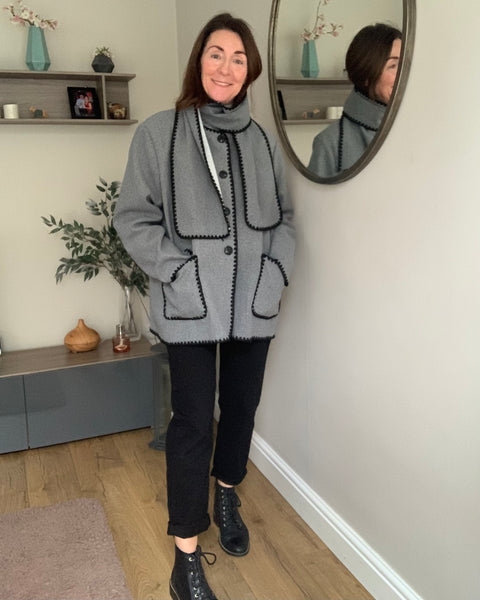 Contrast Blanket Stitch Jacket with Scarf - 2 colours