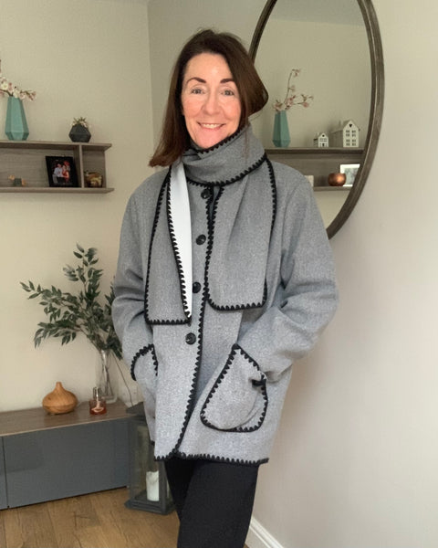 Contrast Blanket Stitch Jacket with Scarf - 2 colours
